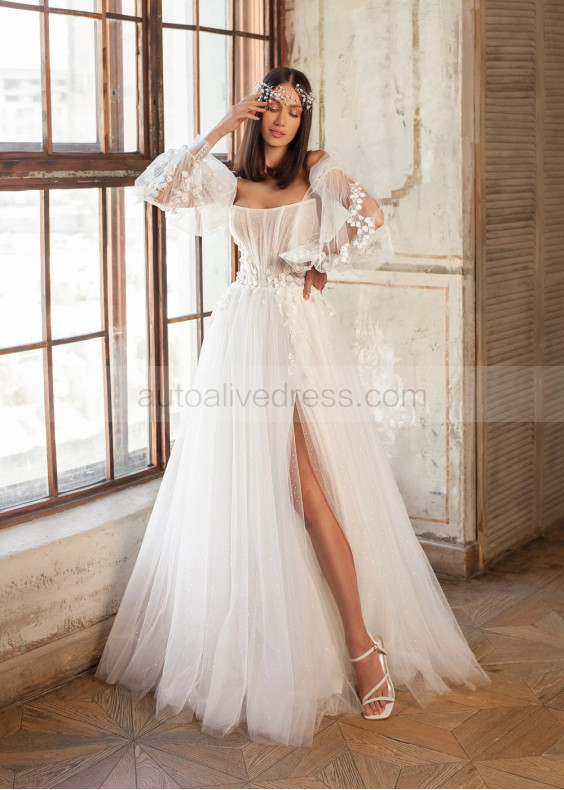 Beaded Ivory 3D Lace Glitter Tulle Lightweight Wedding Dress